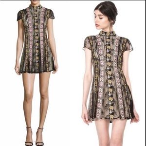 Alice + Olivia Gwyneth Embroidered High Neck Short Sleeve Flare Dress